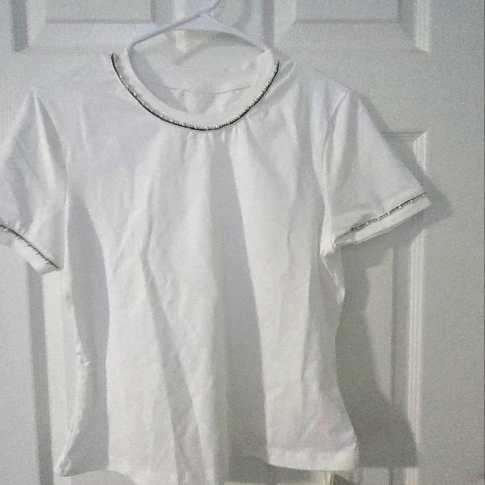 White Short Sleeve Top with Silver Trim
